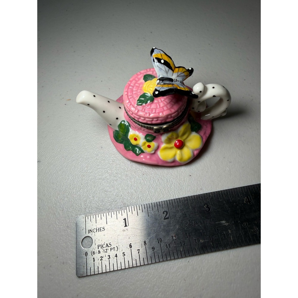 Vintage Ceramic Teapot Trinket Box Pink Hat Butterfly Polka Dot Hinged‎ Lid
